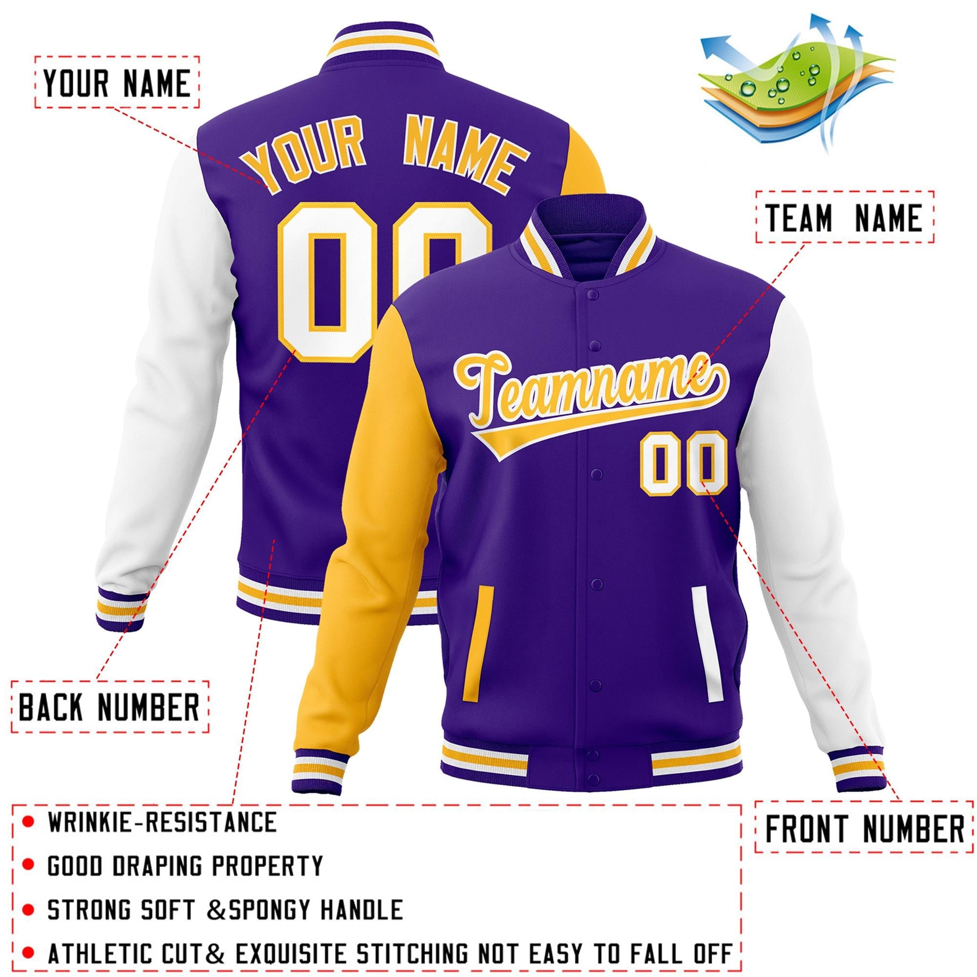 Veste Letterman Varsity Full-Snap à manches raglan personnalisées violet jaune-blanc