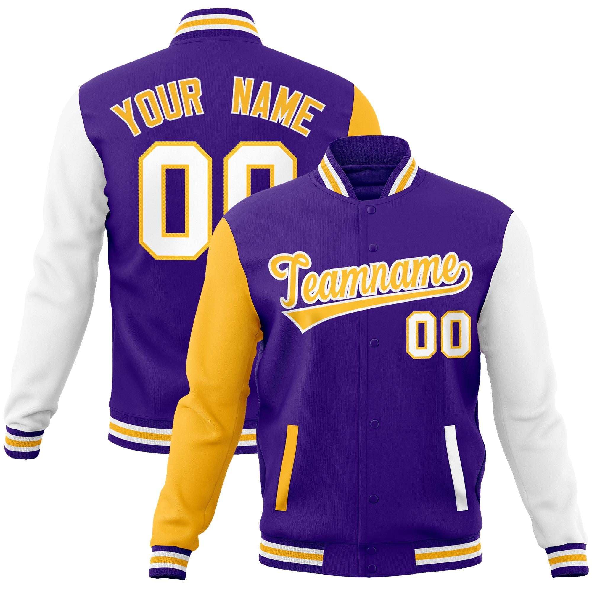 Custom Purple Yellow-White Raglan Sleeves Varsity Full-Snap Letterman Jacket