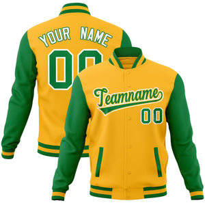 Custom Yellow Green-Yellow Raglan Sleeves Varsity Full-Snap Letterman Jacket