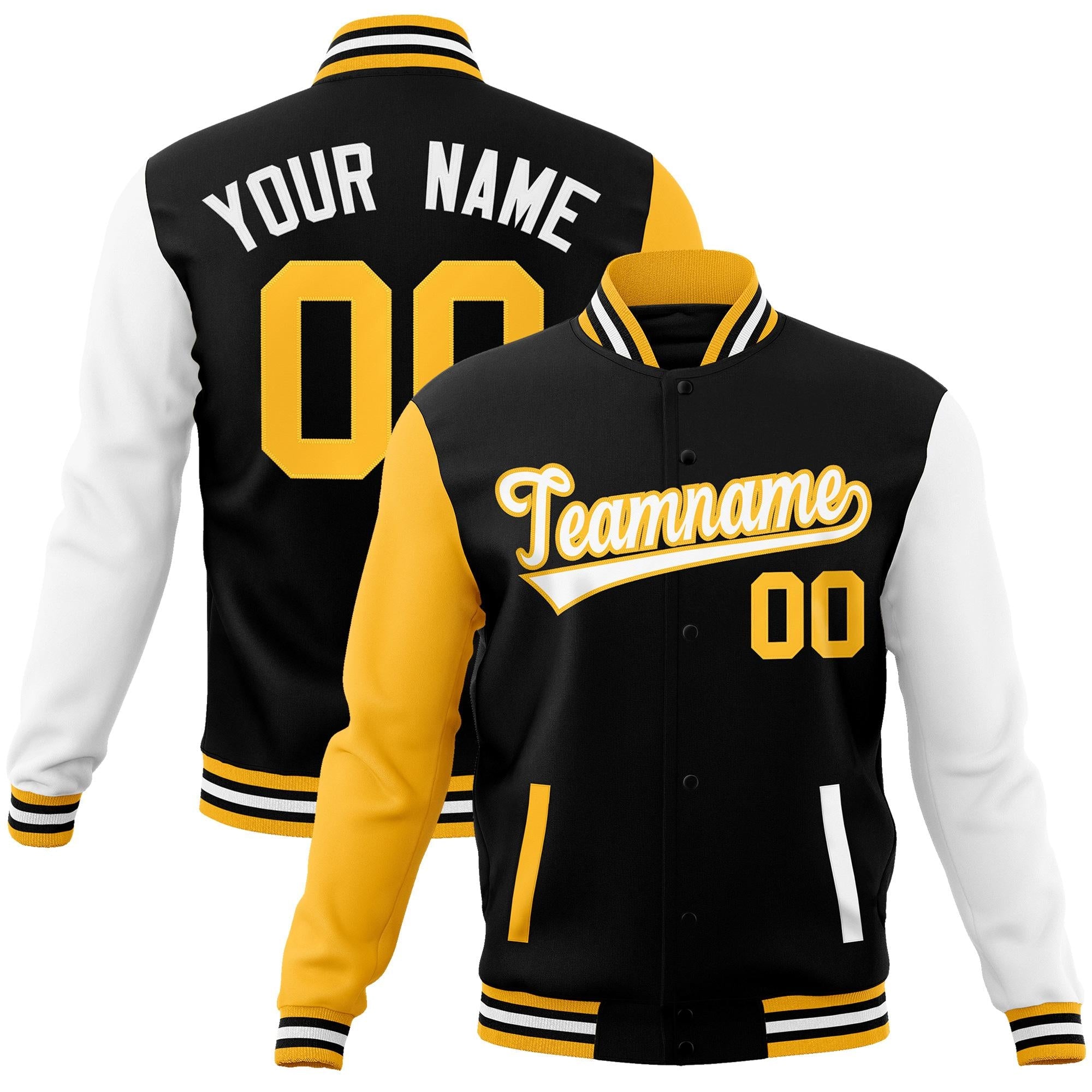 Custom Black White-Yellow Raglan Sleeves Varsity Full-Snap Letterman Jacket