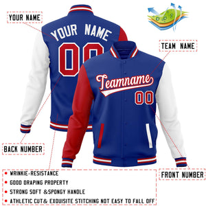 Custom Royal White-Red Raglan Sleeves Varsity Full-Snap Letterman Jacket