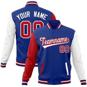 Custom Royal White-Red Raglan Sleeves Varsity Full-Snap Letterman Jacket