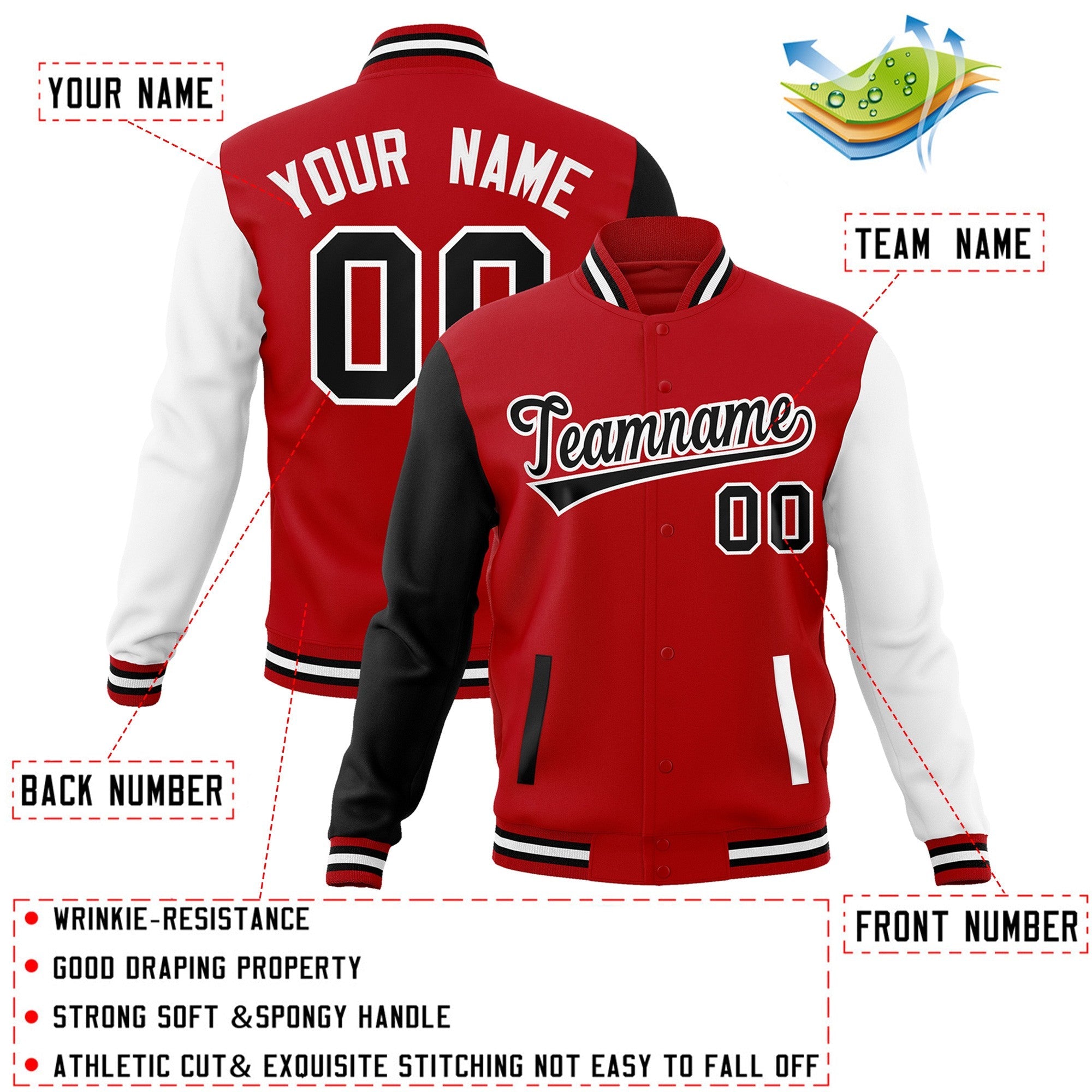 Veste Letterman Varsity Full-Snap à manches raglan rouge noir-blanc personnalisée