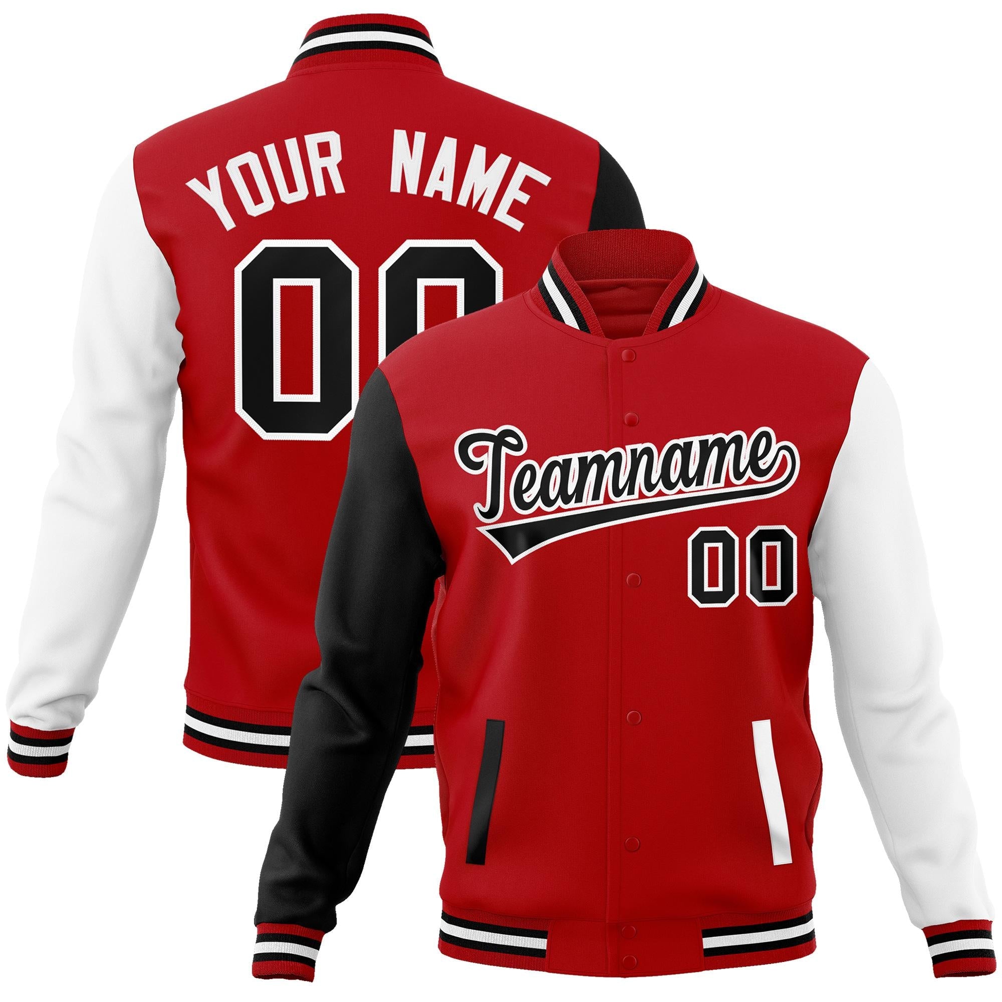 Custom Red Black-White Raglan Sleeves Varsity Full-Snap Letterman Jacket