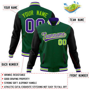 Veste Letterman Varsity Full-Snap à manches raglan personnalisées vert violet-blanc