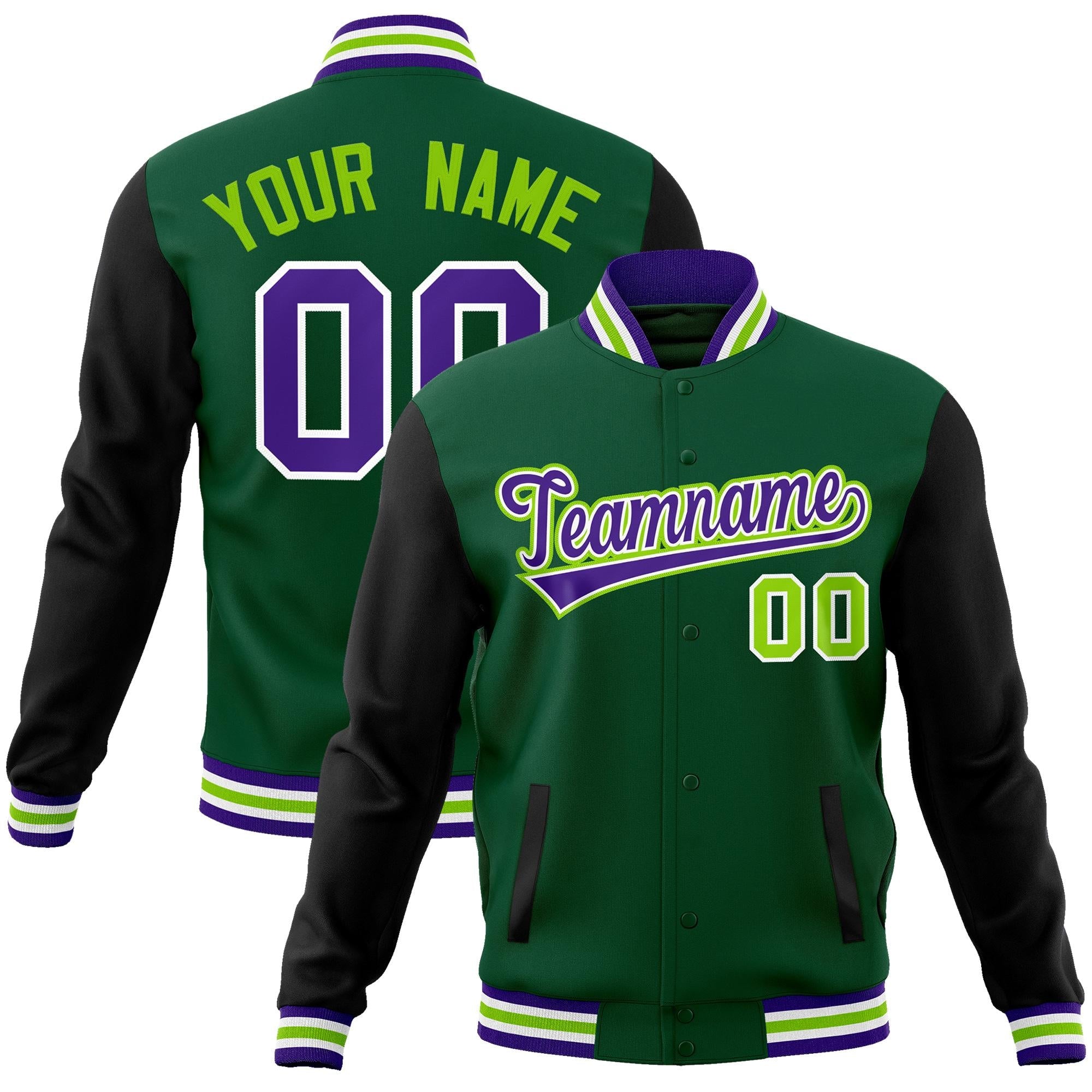 Custom Green Purple-White Raglan Sleeves Varsity Full-Snap Letterman Jacket