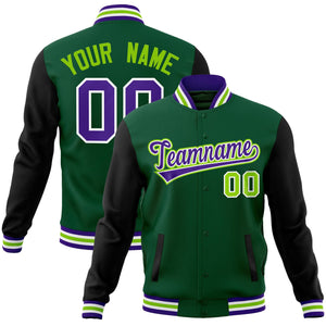 Veste Letterman Varsity Full-Snap à manches raglan personnalisées vert violet-blanc