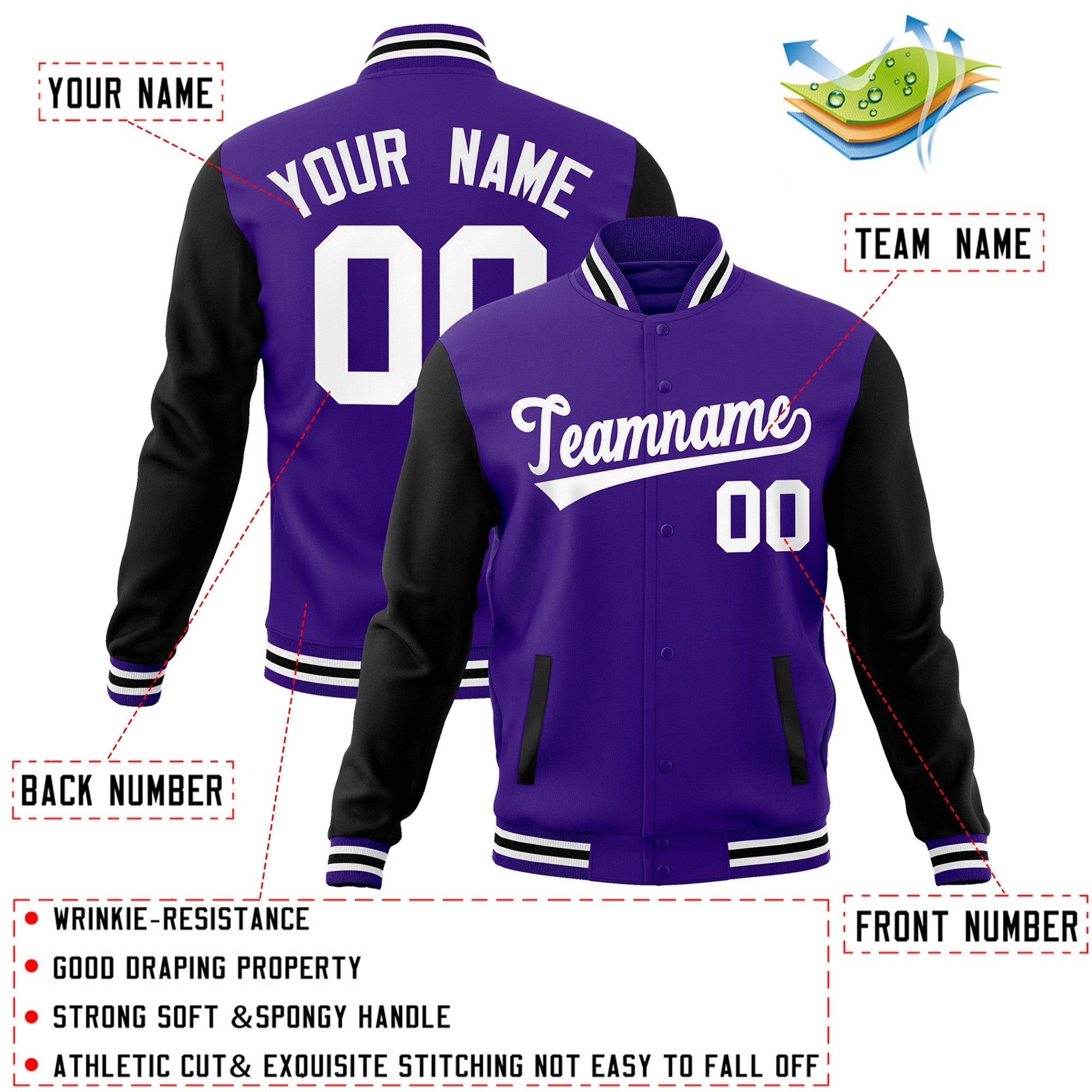 Custom Purple White Raglan Sleeves Varsity Full-Snap Letterman Jacket