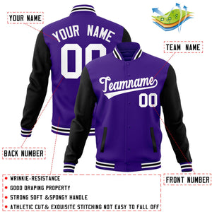 Veste Letterman Varsity Full-Snap à manches raglan blanches et violettes personnalisées