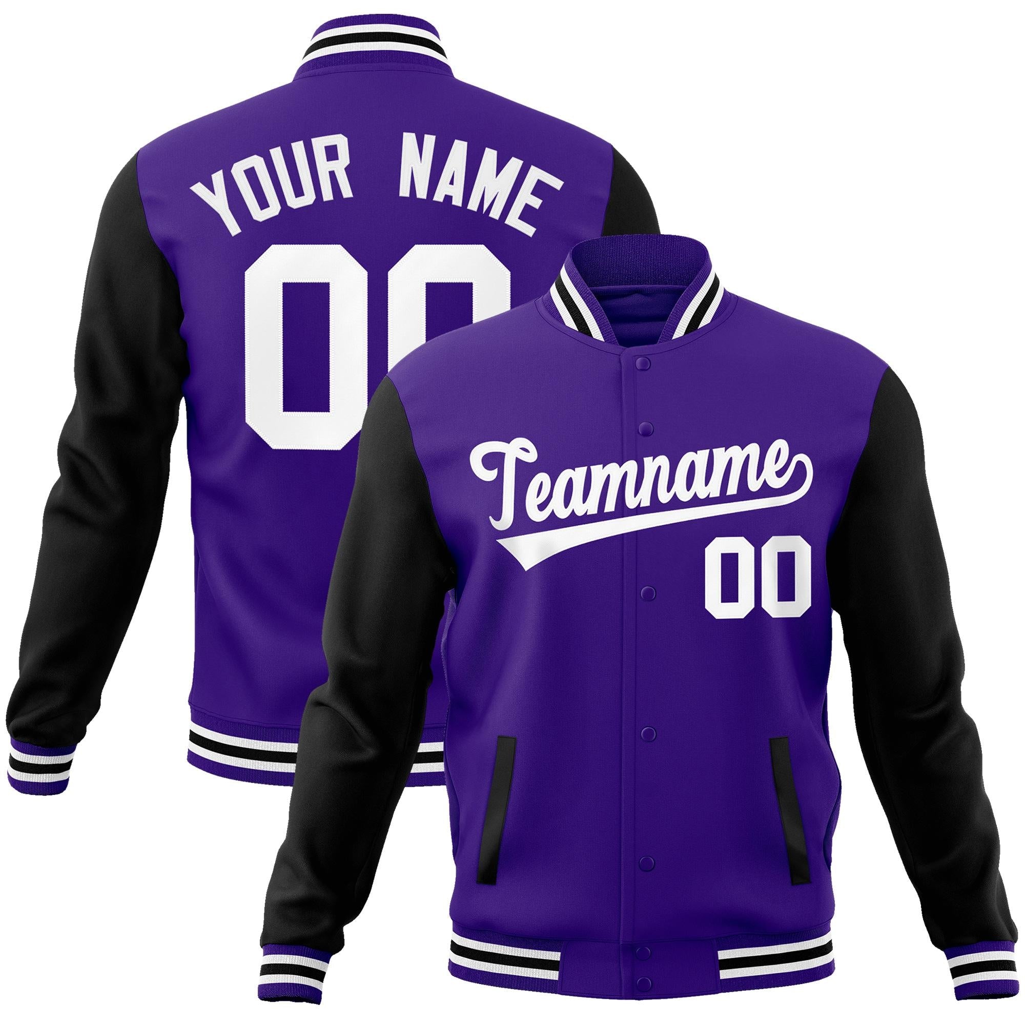 Custom Purple White Raglan Sleeves Varsity Full-Snap Letterman Jacket