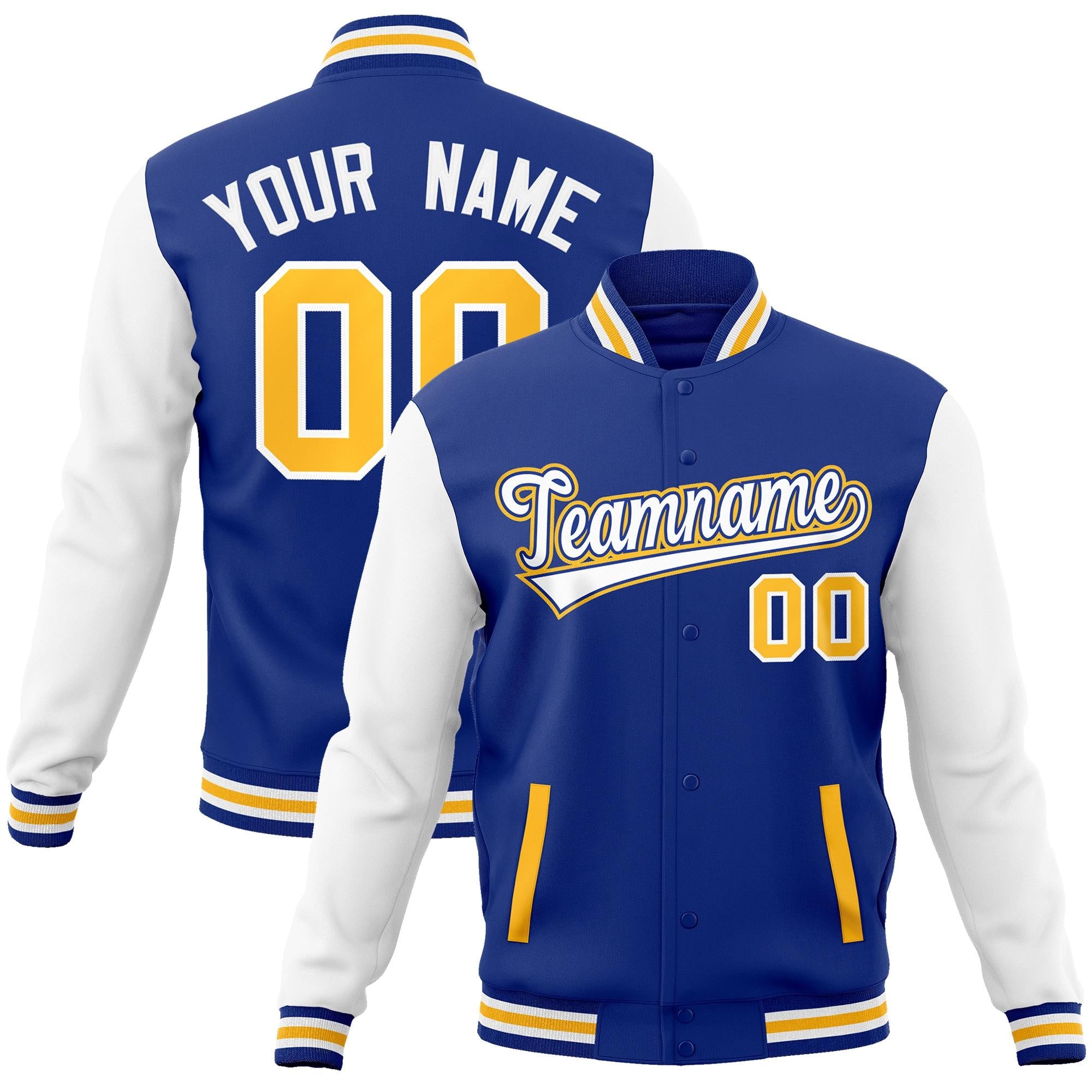 Custom Royal White-Royal Raglan Sleeves Varsity Full-Snap Letterman Jacket