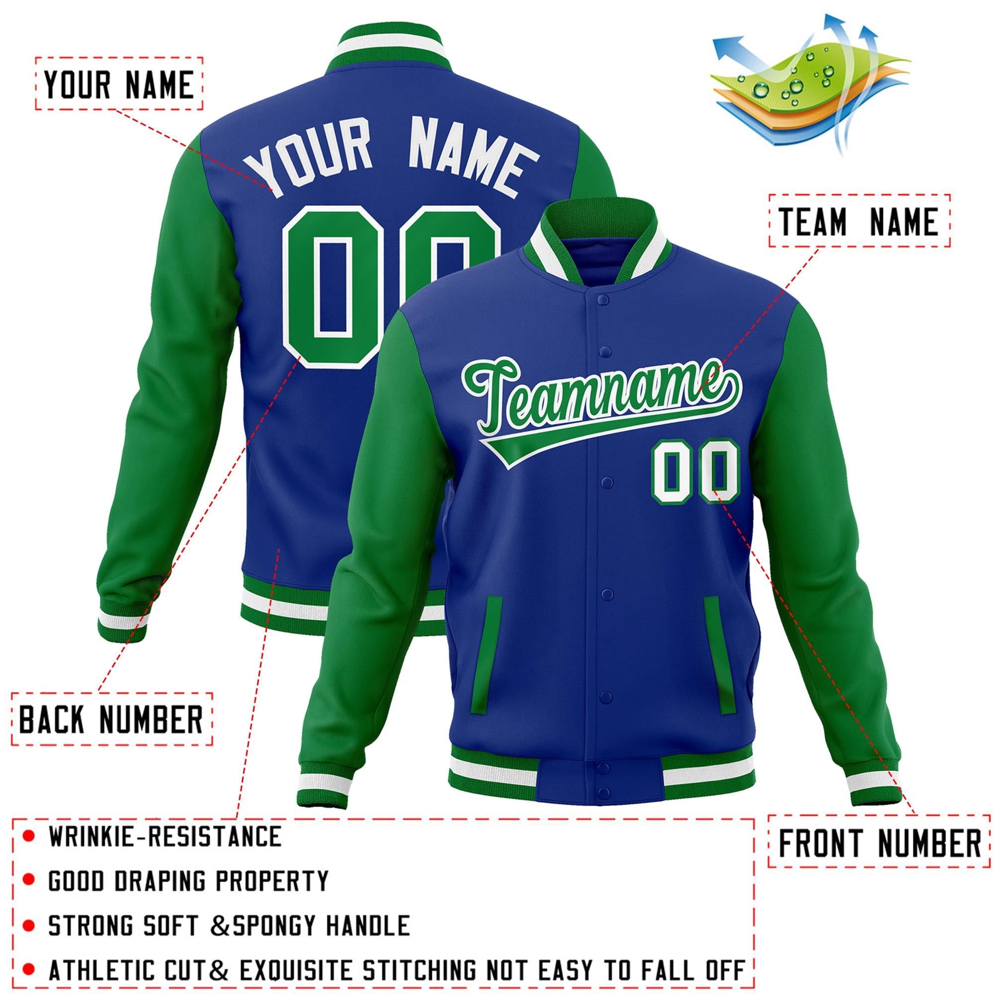 Custom Royal Green-White Raglan Sleeves Varsity Full-Snap Letterman Jacket