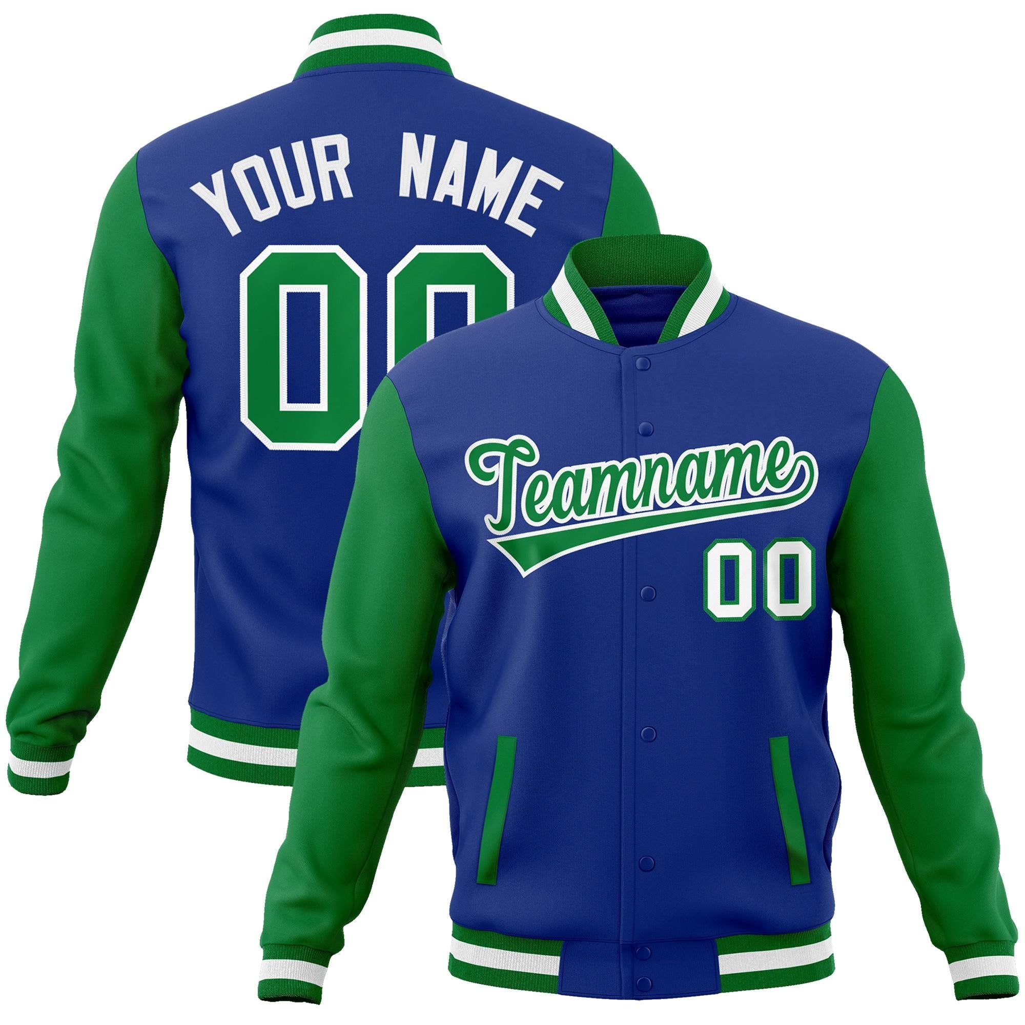 Custom Royal Green-White Raglan Sleeves Varsity Full-Snap Letterman Jacket