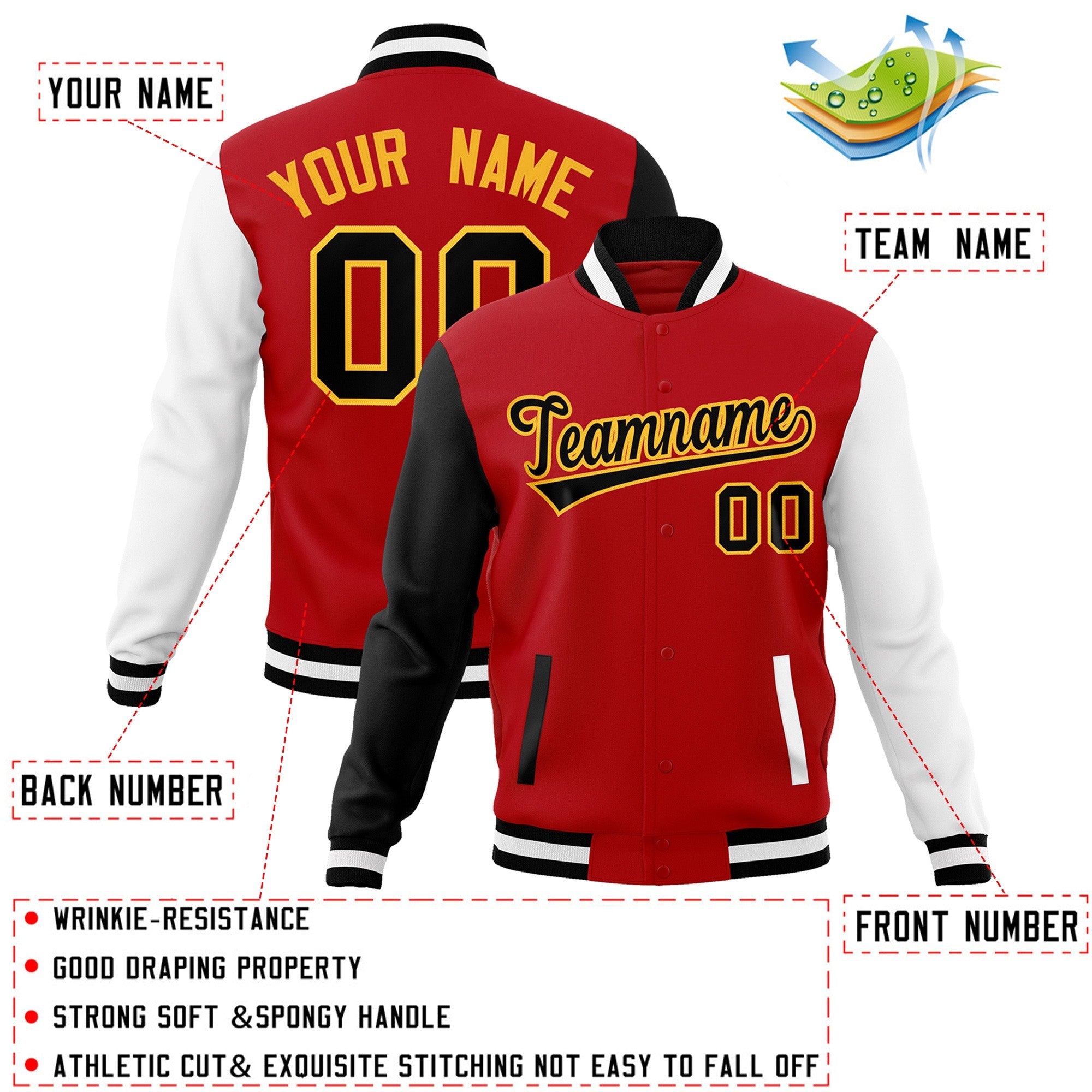 Custom Red Black-Yellow Raglan Sleeves Varsity Full-Snap Letterman Jacket