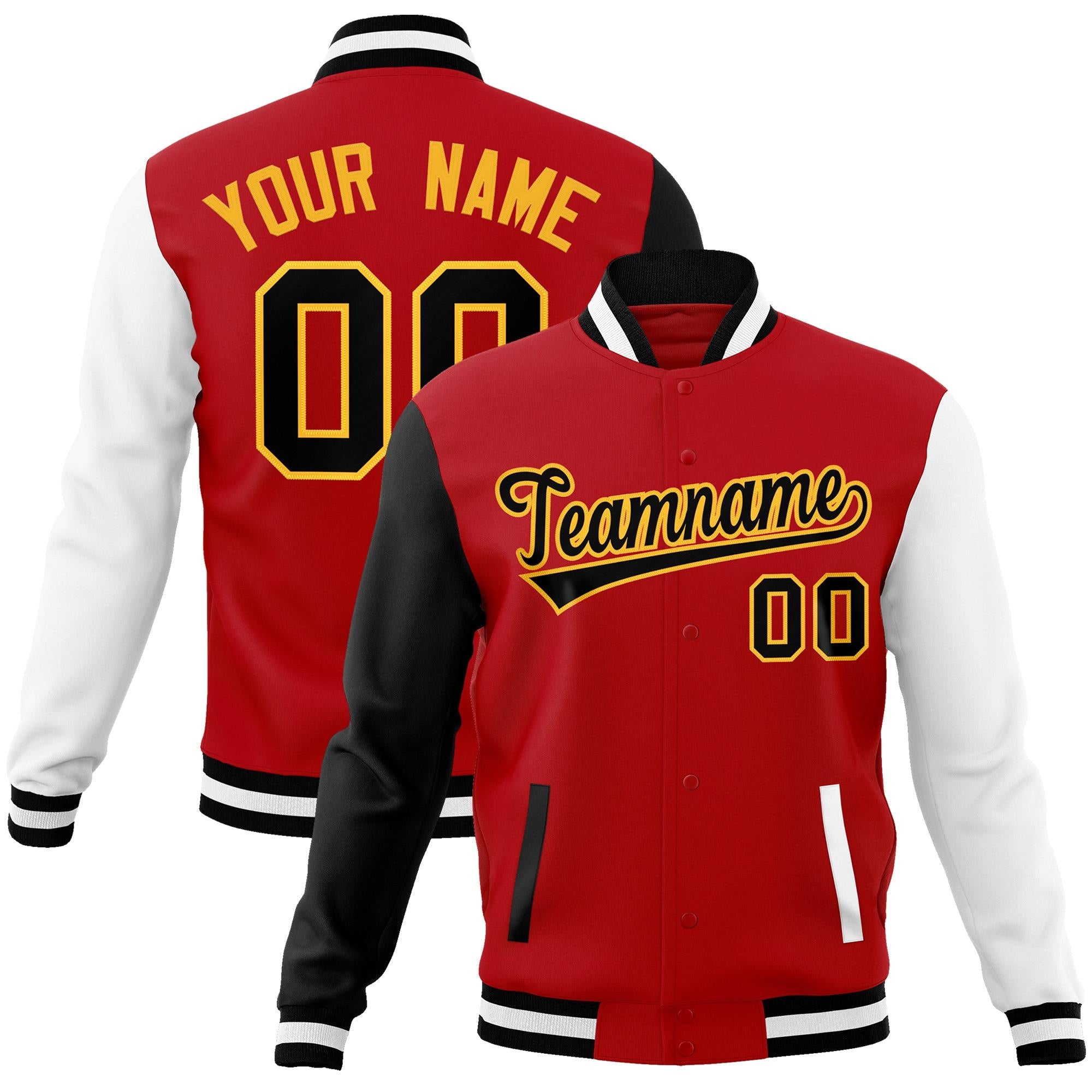 Custom Red Black-Yellow Raglan Sleeves Varsity Full-Snap Letterman Jacket