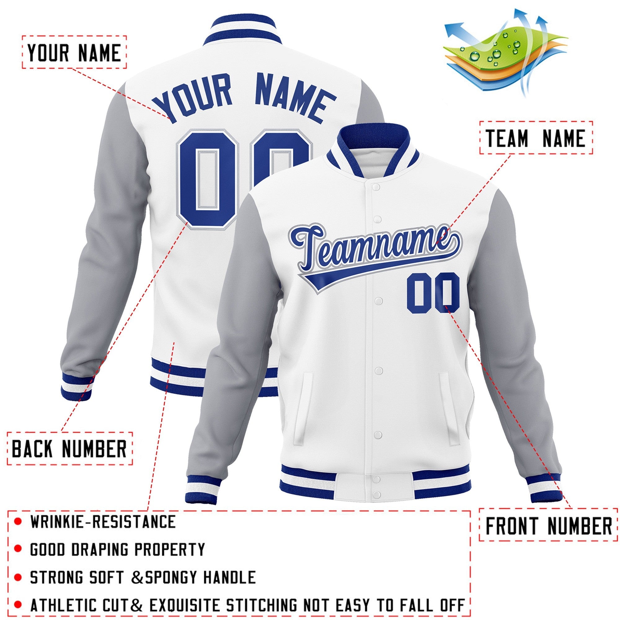 Veste Letterman Varsity Full-Snap à manches raglan blanc royal-blanc personnalisée