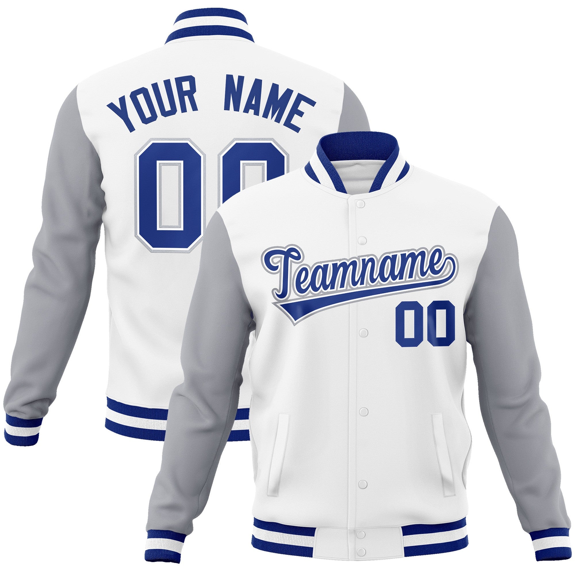 Custom White Royal-White Raglan Sleeves Varsity Full-Snap Letterman Jacket