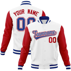 Custom White Royal-White Raglan Sleeves Varsity Full-Snap Letterman Jacket