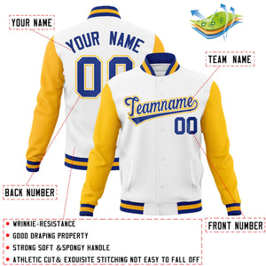 Veste Letterman Varsity Full-Snap à manches raglan blanc royal-blanc personnalisée