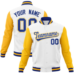 Custom White Royal-White Raglan Sleeves Varsity Full-Snap Letterman Jacket