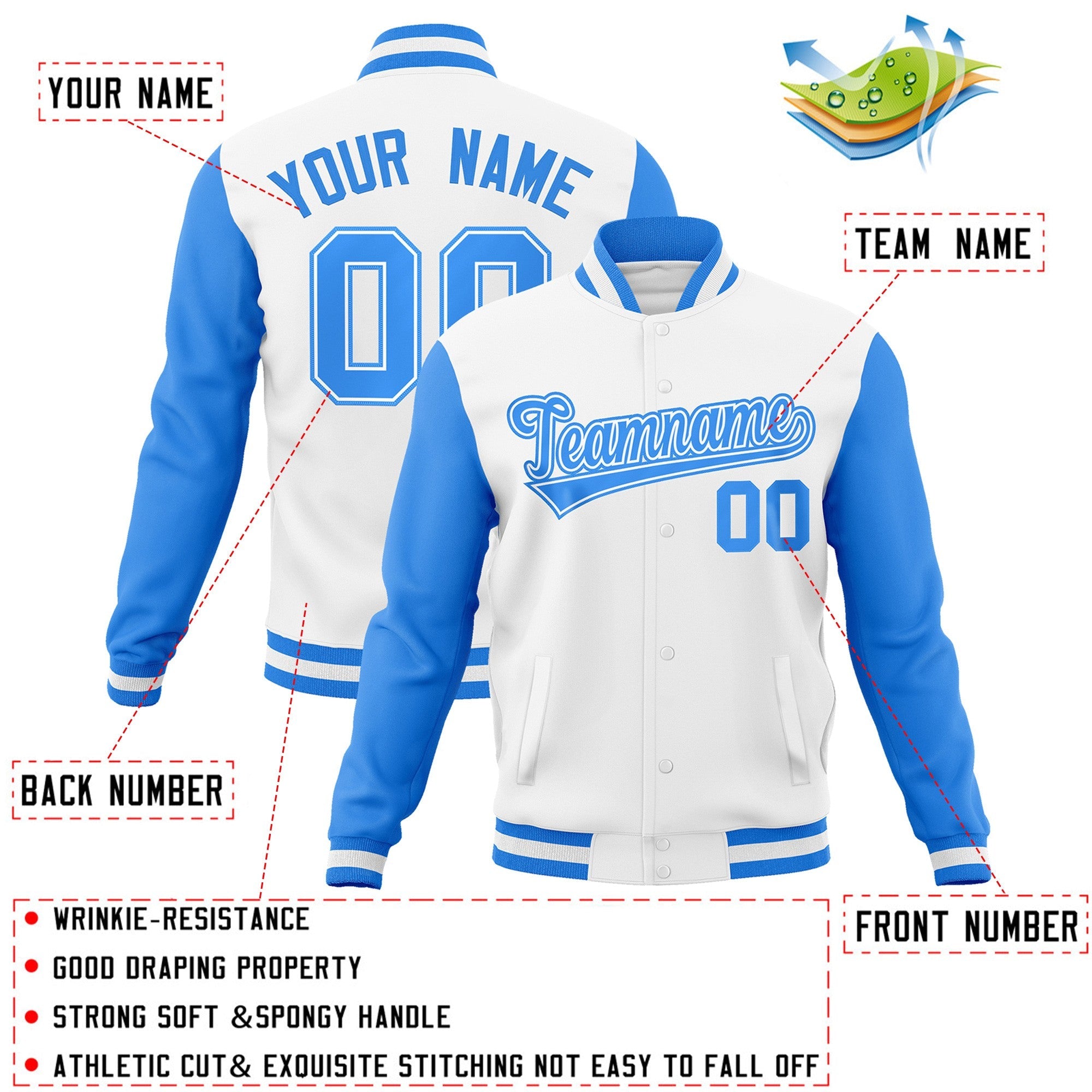 Veste Letterman Varsity Full-Snap à manches raglan bleu poudre-blanc personnalisée