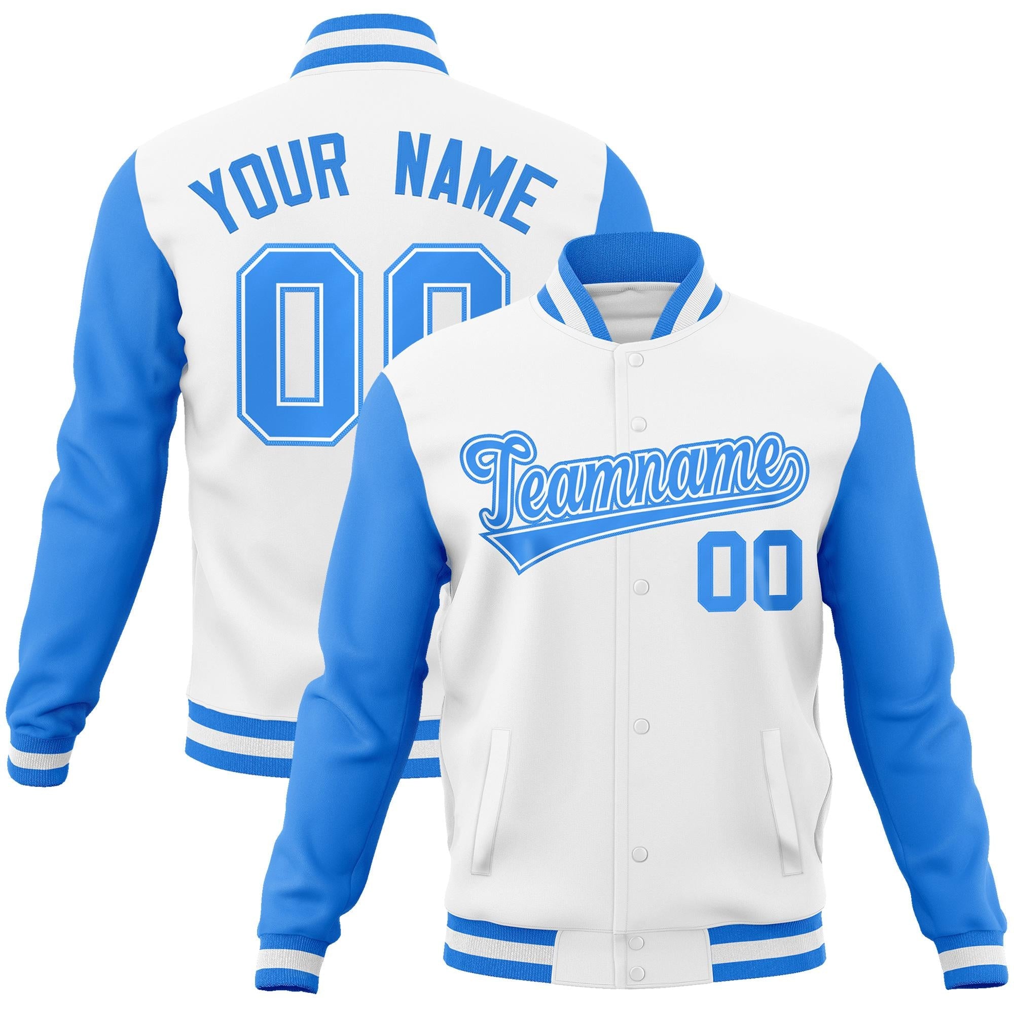 Custom White Powder Blue-White Raglan Sleeves Varsity Full-Snap Letterman Jacket