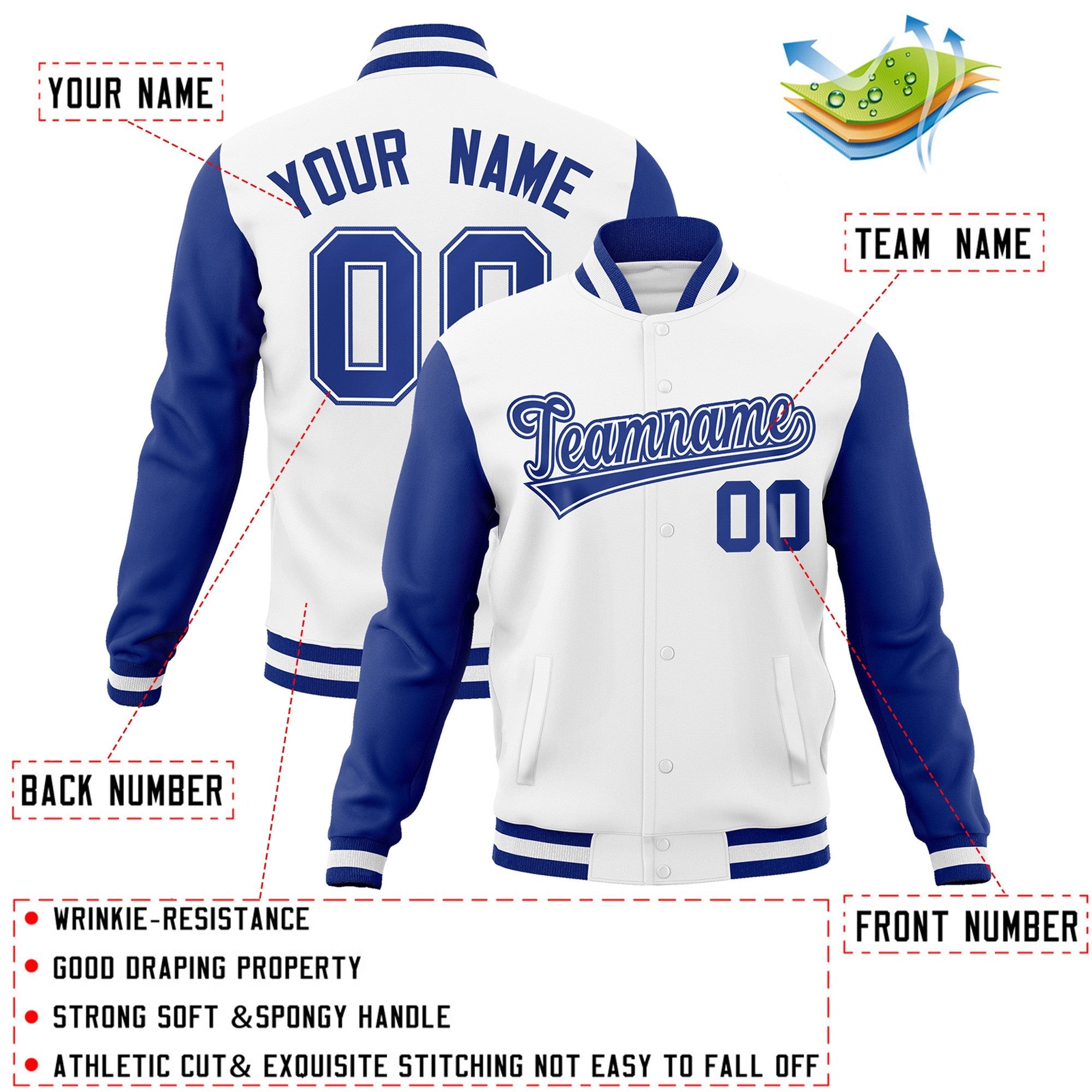 Custom White Royal-White Raglan Sleeves Varsity Full-Snap Letterman Jacket