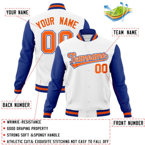 Veste Letterman Varsity Full-Snap à manches raglan blanc-orange-blanc personnalisée