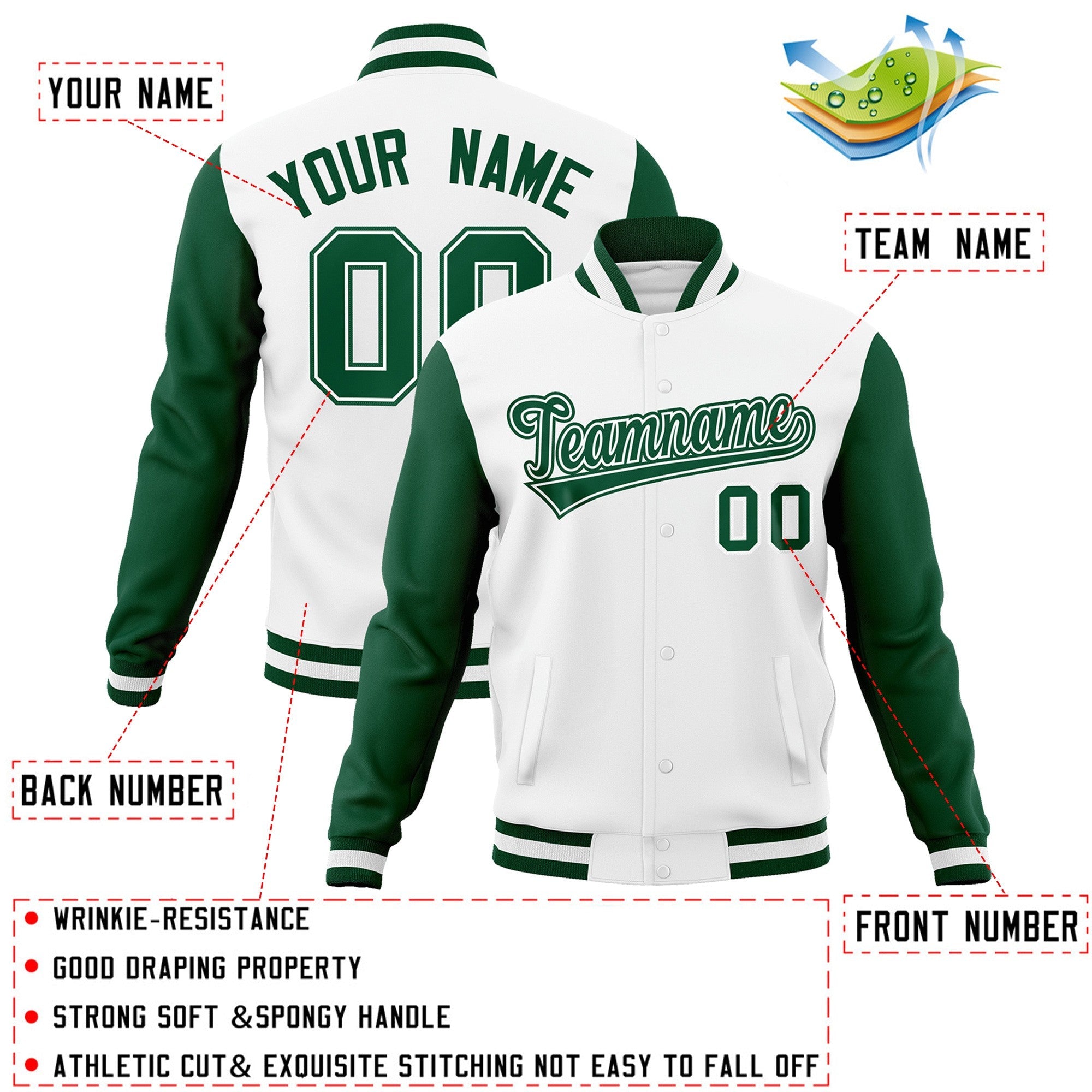 Veste Letterman Varsity Full-Snap personnalisée à manches raglan blanc vert-blanc