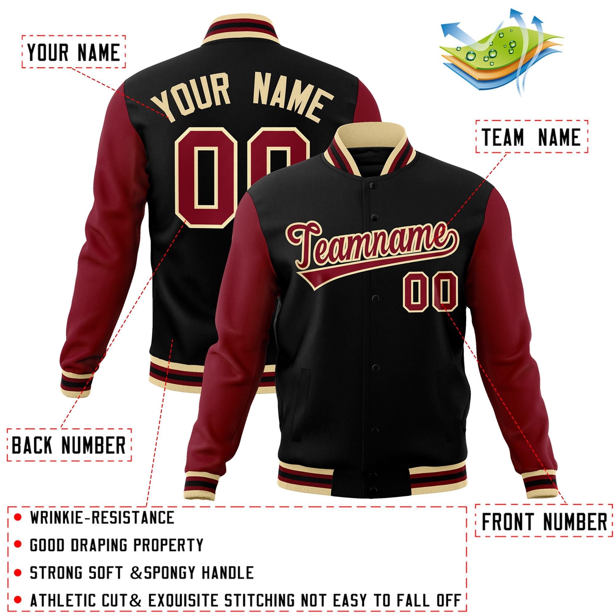 Custom Black Crimson-Khaki Raglan Sleeves Varsity Full-Snap Letterman Jacket