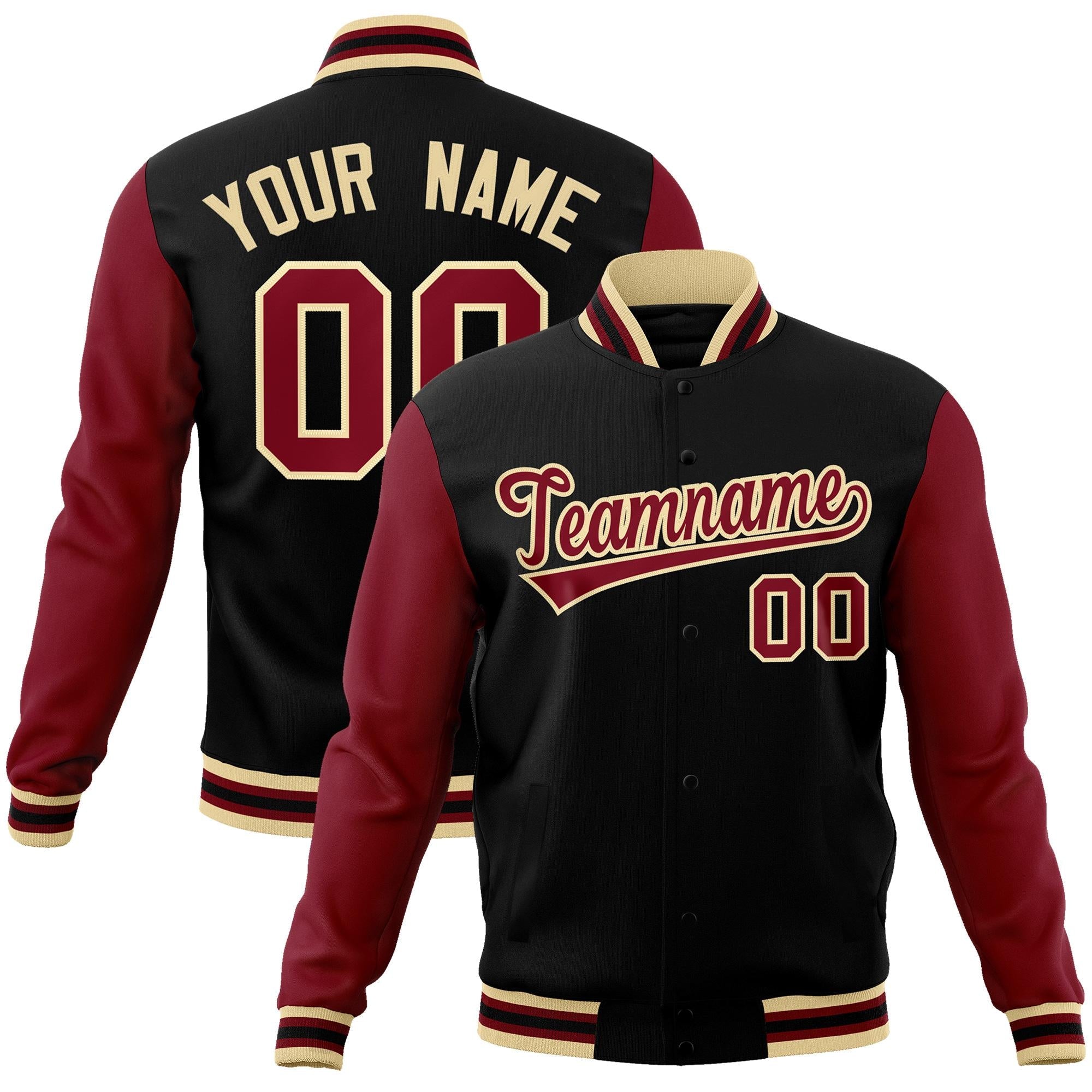 Custom Black Crimson-Khaki Raglan Sleeves Varsity Full-Snap Letterman Jacket