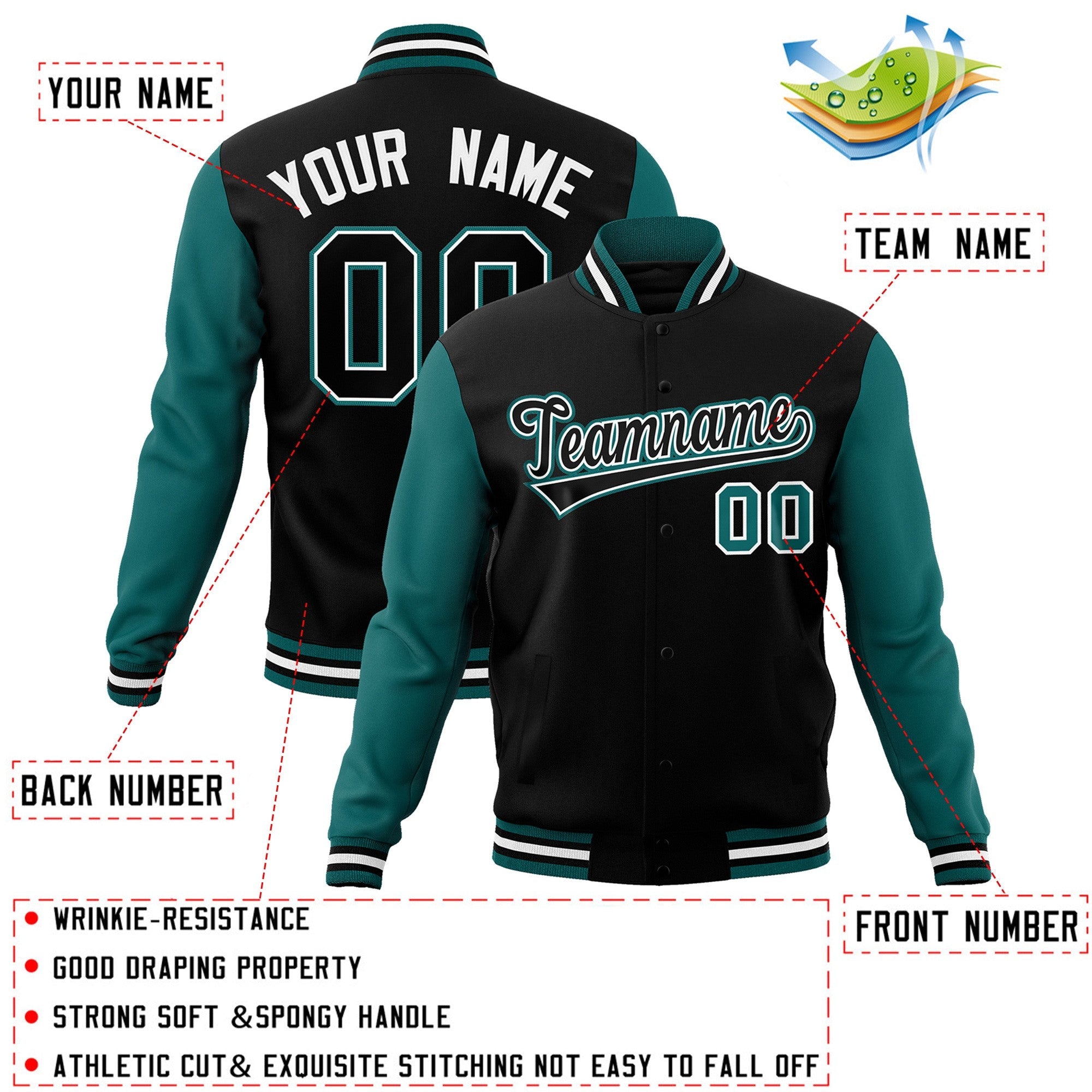 Custom Black Black-White Raglan Sleeves Varsity Full-Snap Letterman Jacket