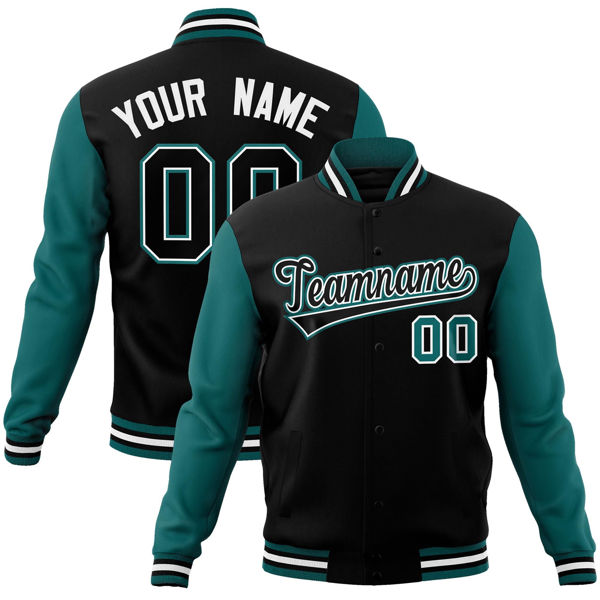 Custom Black Black-White Raglan Sleeves Varsity Full-Snap Letterman Jacket