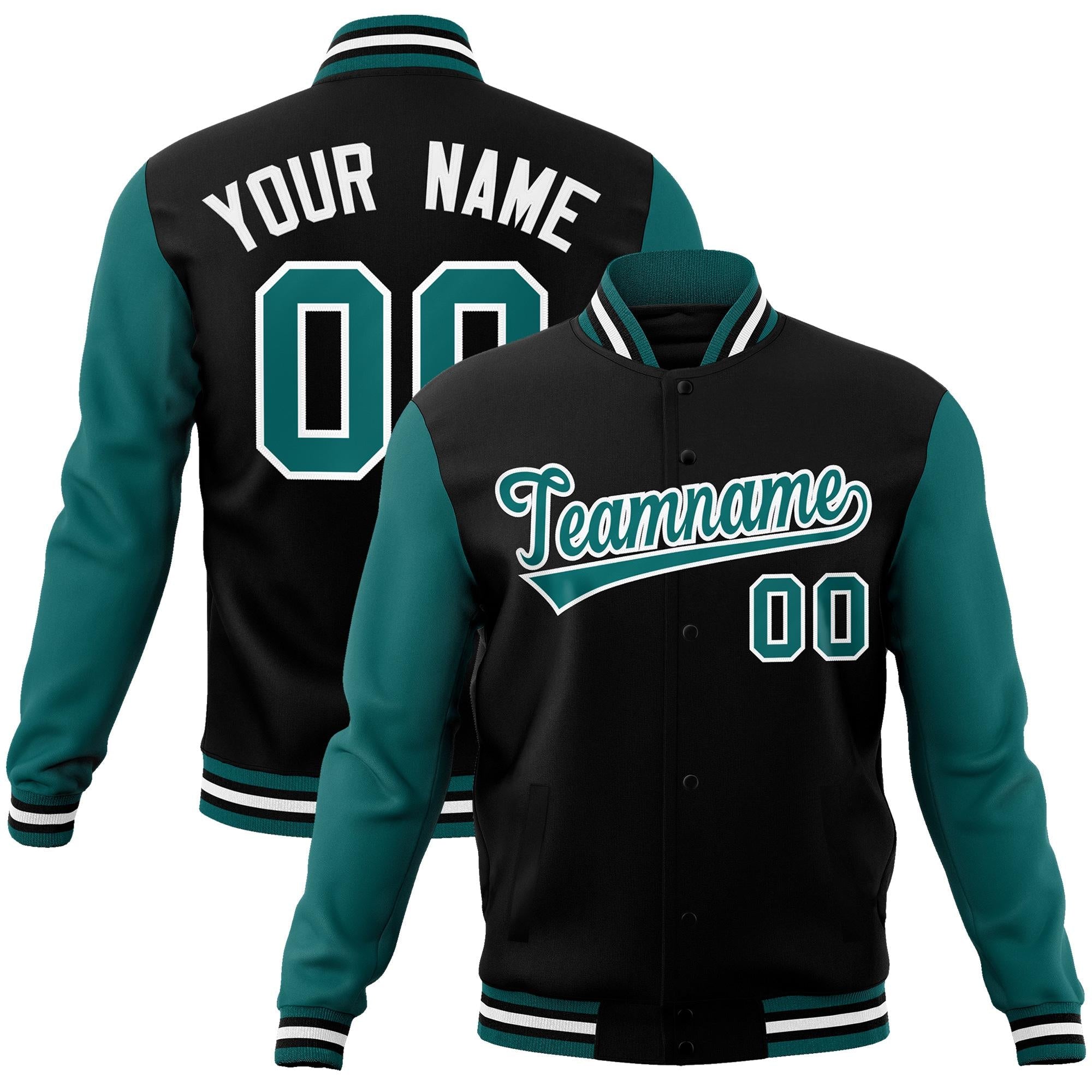 Custom Black Aqua-White Raglan Sleeves Varsity Full-Snap Letterman Jacket