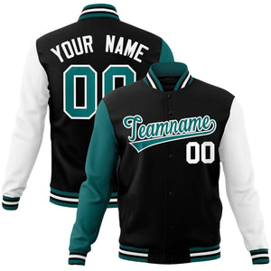 Custom Black Aqua-White Raglan Sleeves Varsity Full-Snap Letterman Jacket