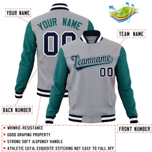 Veste Letterman Varsity Full-Snap à manches raglan gris marine-blanc personnalisée