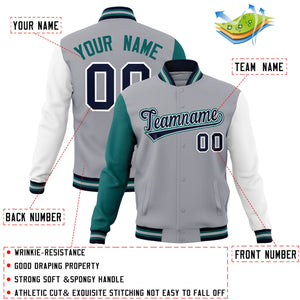 Veste Letterman Varsity Full-Snap à manches raglan gris marine-blanc personnalisée