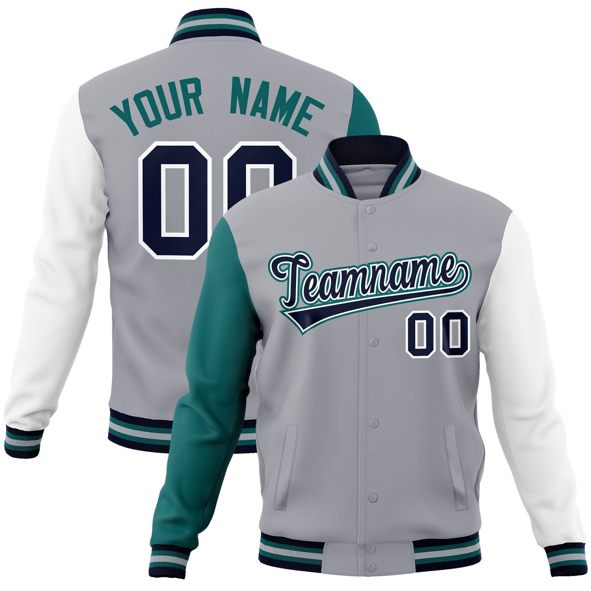 Custom Gray Navy-White Raglan Sleeves Varsity Full-Snap Letterman Jacket