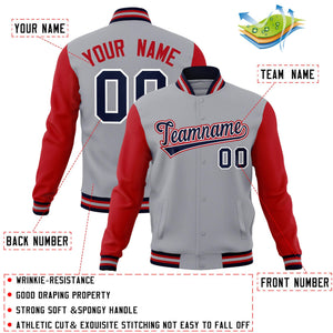 Custom Gray Navy-White Raglan Sleeves Varsity Full-Snap Letterman Jacket