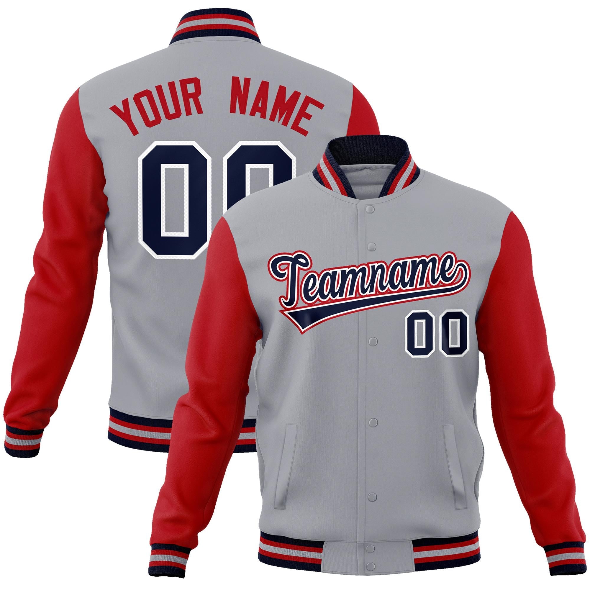 Custom Gray Navy-White Raglan Sleeves Varsity Full-Snap Letterman Jacket