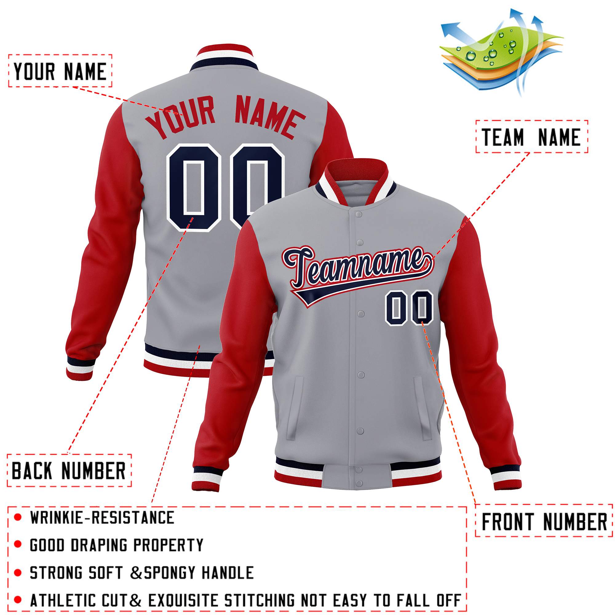 Custom Gray Navy-White Raglan Sleeves Varsity Full-Snap Letterman Jacket