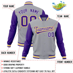 Veste Letterman Varsity Full-Snap à manches raglan gris violet-blanc personnalisée