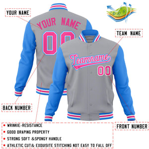 Custom Gray Pink-White Raglan Sleeves Varsity Full-Snap Letterman Jacket