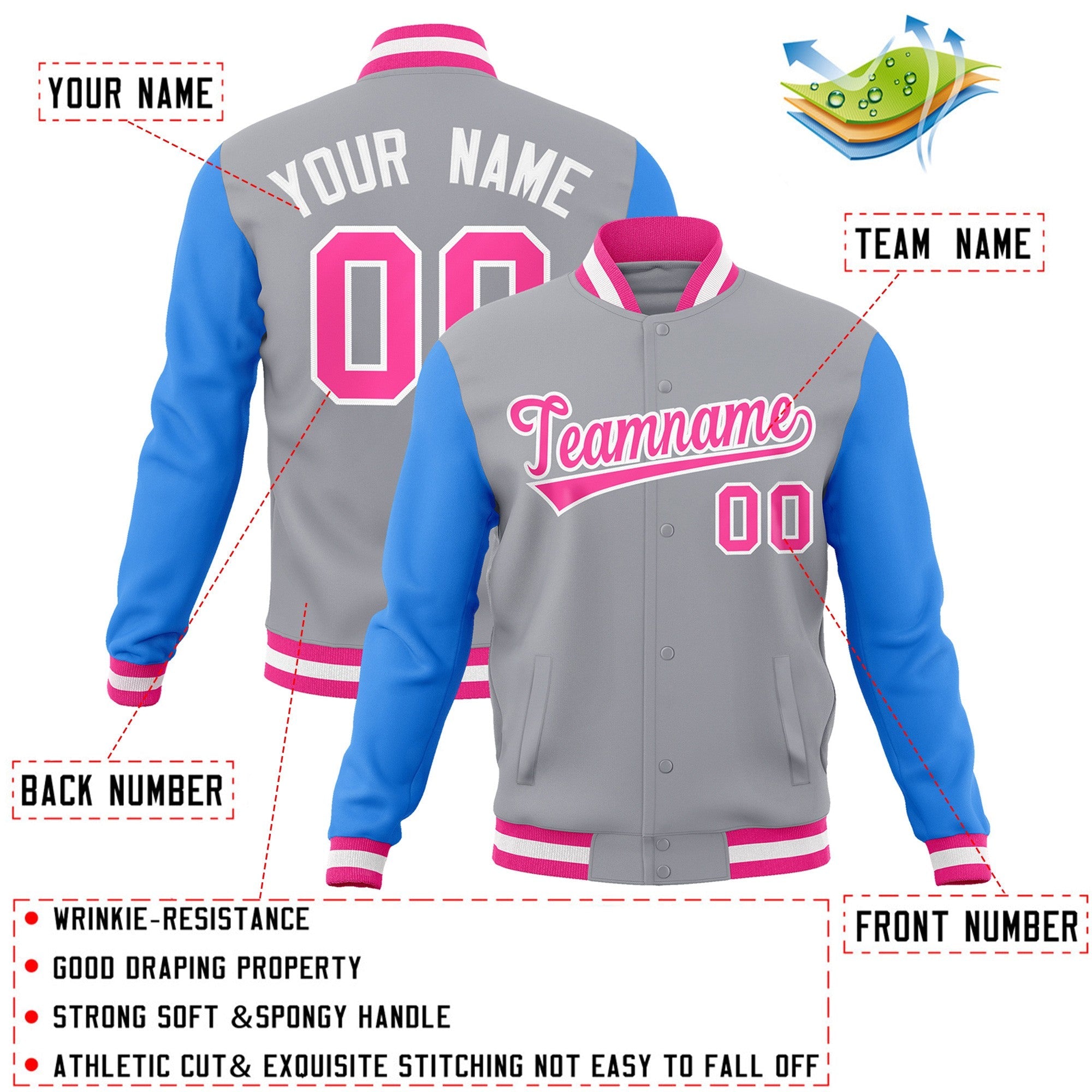 Veste Letterman Varsity Full-Snap à manches raglan gris rose-blanc personnalisée