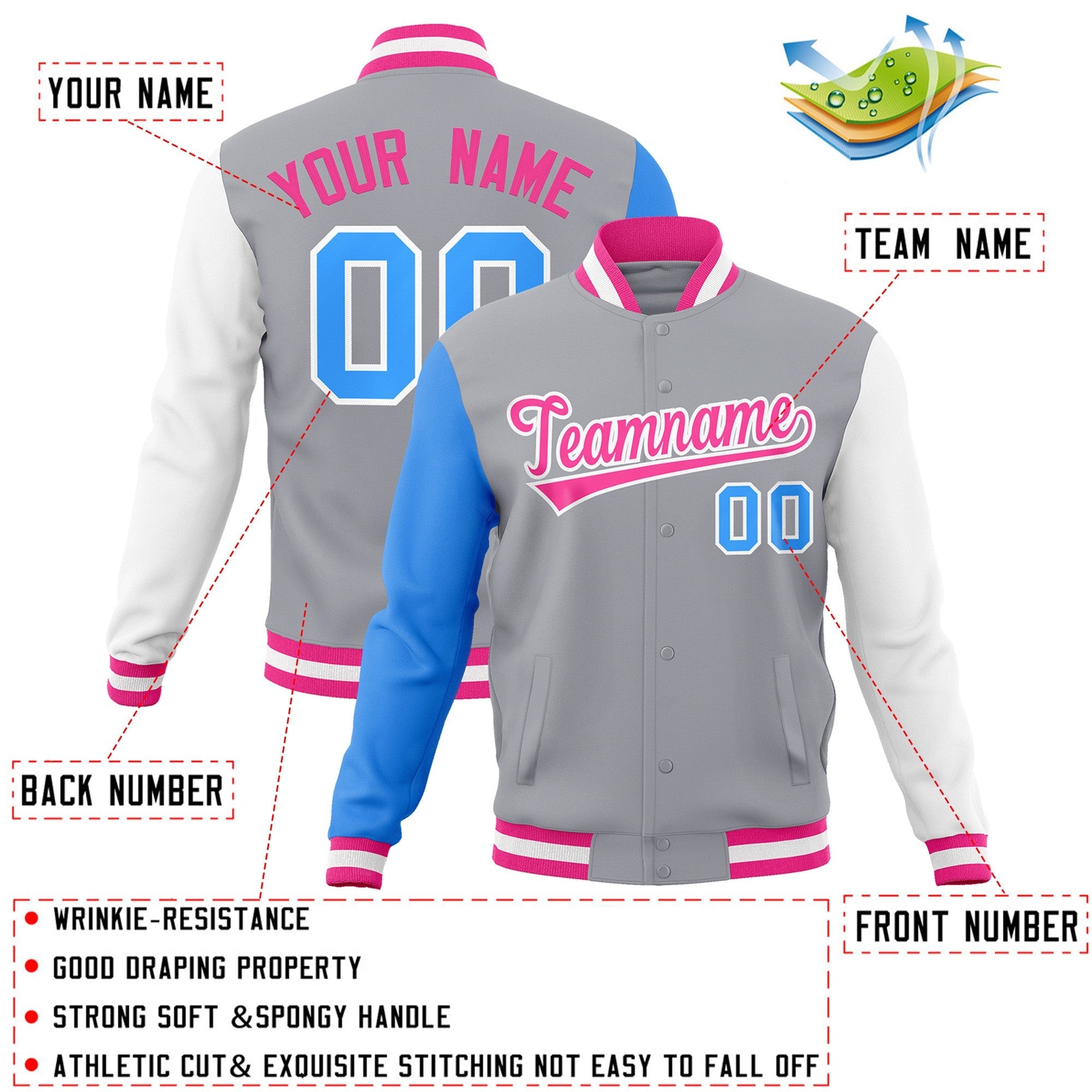 Veste Letterman Varsity Full-Snap à manches raglan gris rose-blanc personnalisée