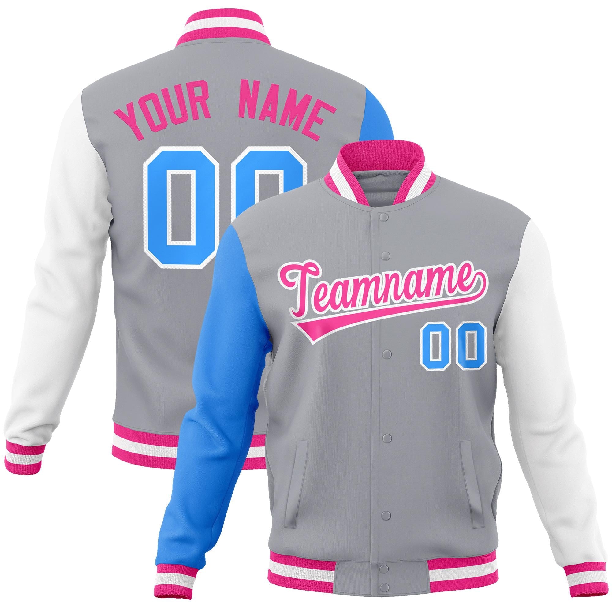 Custom Gray Pink-White Raglan Sleeves Varsity Full-Snap Letterman Jacket