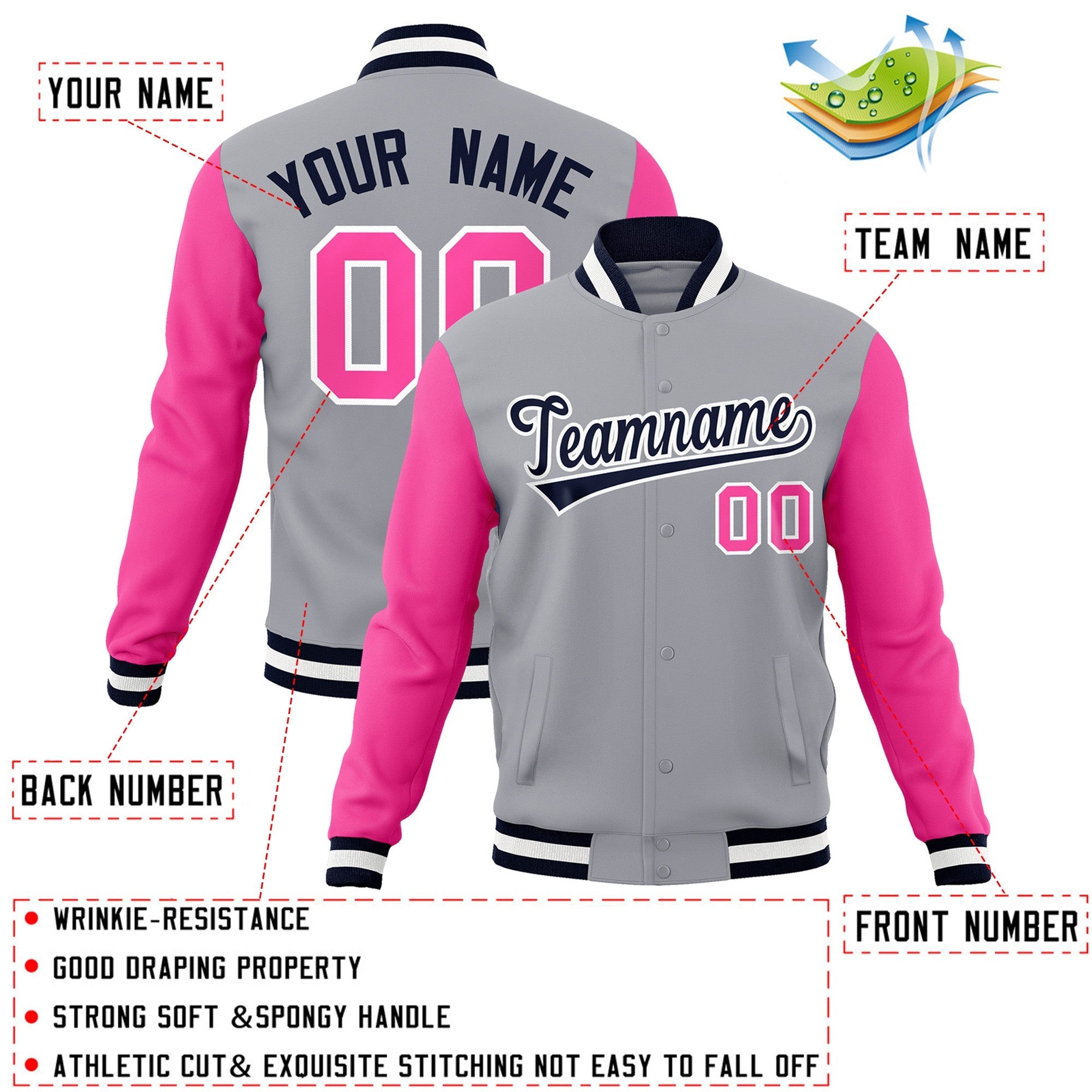 Veste Letterman Varsity Full-Snap à manches raglan gris marine-blanc personnalisée