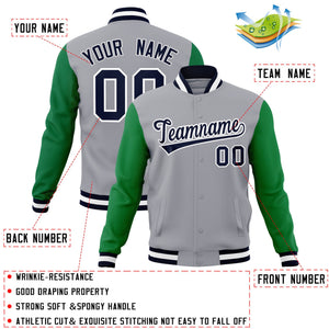 Veste Letterman Varsity Full-Snap à manches raglan gris marine-blanc personnalisée