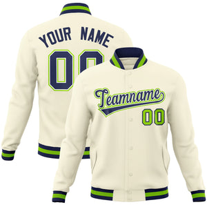 Custom Khaki Navy-White Classic Style Varsity Full-Snap Letterman Jacket