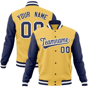 Custom Cream Navy-White Raglan Sleeves Varsity Full-Snap Letterman Jacket